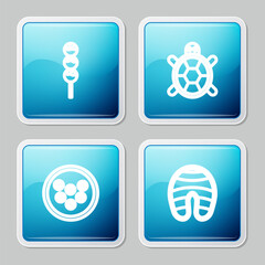 Poster - Set line Takoyaki on a stick, Turtle, Caviar plate and Fish steak icon. Vector