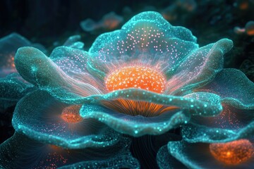 Aufkleber - Glowing bioluminescent flower, intricate details, vibrant teal and orange hues, digital art.