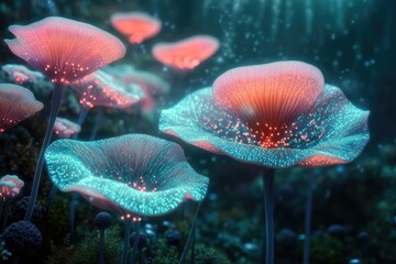 Poster - Luminous, bioluminescent mushrooms illuminate a mystical, enchanted forest.