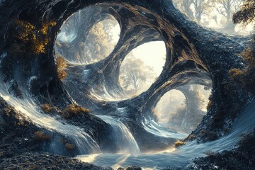 Poster - Enchanted cave system with cascading waterfalls, sunlight filtering through the forest canopy.