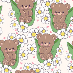 Poster - Cute Teddy Bear and flowers pattern seamless, vector illustration Hand Drawn Cute print design