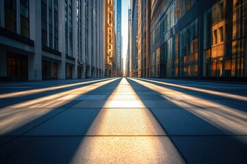 Poster - Sunlit city street between skyscrapers, early morning shadows cast long lines on the pavement.