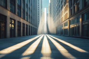 Poster - Sunlit city street between tall buildings, creating dramatic parallel shadows.