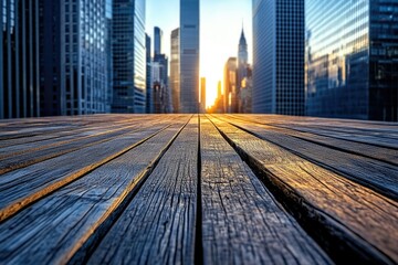 Poster - Wooden platform overlooking a city skyline at sunset, showcasing modern architecture and urban landscape.