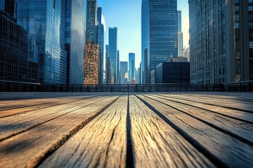 Poster - A wooden deck overlooking a city skyline of skyscrapers, bathed in the warm glow of sunrise or sunset.