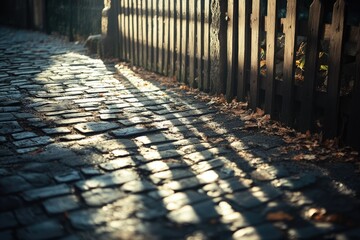 Aufkleber - Sunlit cobblestone path beside a rustic wooden fence, autumn leaves scattered.