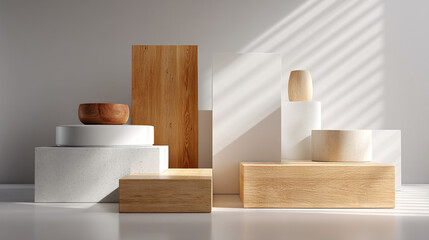 Aufkleber - Minimalist product display podiums wood and white for presentation in a studio with window light