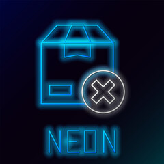 Poster - Glowing neon line Carton cardboard box and delete icon isolated on black background. Box, package, parcel sign. Delivery and packaging. Colorful outline concept. Vector
