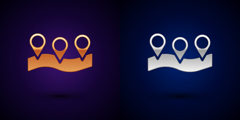Poster - Gold and silver Map pin icon isolated on black background. Navigation, pointer, location, map, gps, direction, place, compass, search concept. Vector