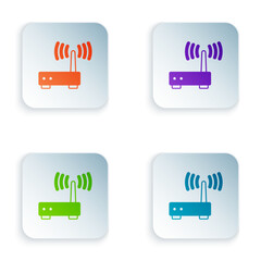 Poster - Color Router and wi-fi signal icon isolated on white background. Wireless ethernet modem router. Computer technology internet. Set colorful icons in square buttons. Vector