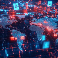 Poster - A global network visualization of financial transactions with glowing points representing international data flows.