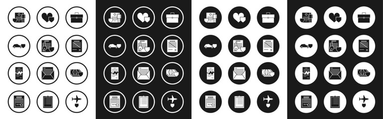 Poster - Set Briefcase, Document with key with shield, Car, Medical clipboard clinical record, Delete file document, Heart, Money and Torn contract icon. Vector