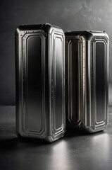 Poster - Sleek metallic containers stand vertically against a dark background in an artistic arrangement showcasing modern design aesthetics