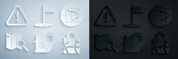 Poster - Set Map pointer with house, Location on the globe, Folded map location marker, Flag and Exclamation triangle icon. Vector