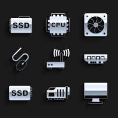 Fototapete - Set Router and wi-fi signal, Video graphic card, Computer monitor screen, RAM, random access memory, SSD, mouse, cooler and icon. Vector