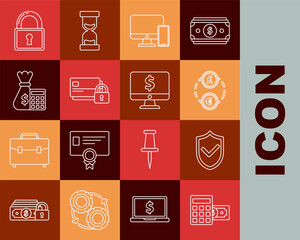 Poster - set line calculator with dollar symbol, shield check mark, money exchange, computer monitor and mobi