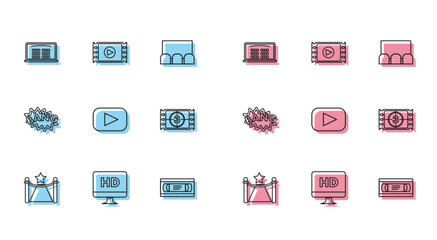 Fototapete - Set line Carpet with barriers and star, Computer PC monitor HD video technology, Buy cinema ticket online, VHS cassette tape, Play, Video, Bang boom text speech bubble balloon and icon. Vector