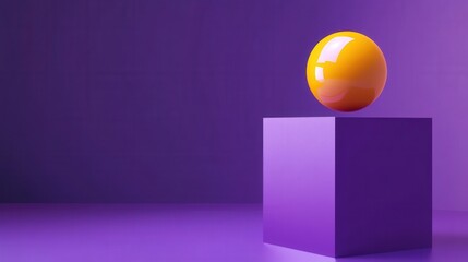 Poster - A vibrant yellow sphere balanced on a purple cube against a solid purple background, creating a striking visual contrast.