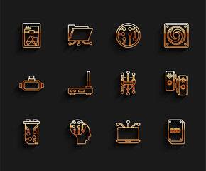 Poster - Set line Video graphic card, Human brain as digital circuit board, 3D printer, Laptop, SSD, Router and wi-fi signal, Gamepad and Processor icon. Vector