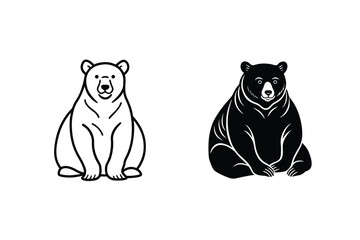 Poster - Two Bears Sitting Facing Forward Black And White Line Art Illustration