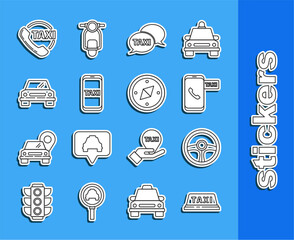 Poster - Set line Taxi car roof, Steering wheel, call telephone service, Car, and Compass icon. Vector