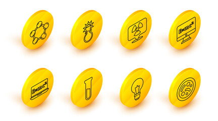 Poster - Set line Bacteria, Light bulb with concept of idea, Test tube and flask, Equation solution, Radioactive in location, and Molecule icon. Vector