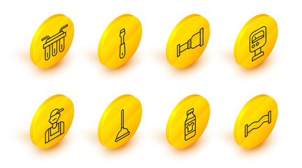 Poster - Set line Industry metallic pipe, Bottle for cleaning agent, Rubber plunger, Plumber, Pressure water meter, Pipe adapter, Screwdriver and Water filter icon. Vector