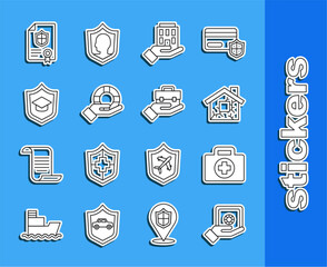 Poster - Set line Safe in hand, First aid kit, House, Lifebuoy, Graduation cap with shield, Contract and Hand holding briefcase icon. Vector
