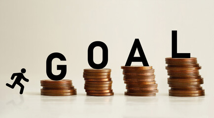 Poster - New business targets are shown by running man silhouette climbing to stocks of coins. Financial goals