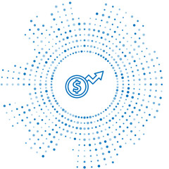 Poster - Blue line Financial growth dollar coin icon isolated on white background. Increasing revenue. Abstract circle random dots. Vector