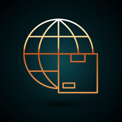 Poster - Gold line Worldwide shipping and cardboard box icon isolated on dark blue background. Vector