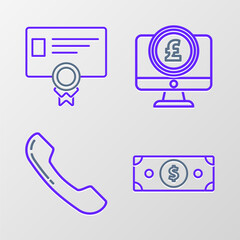 Poster - set line stacks paper money cash, telephone handset, computer monitor with pound sterling symbol and