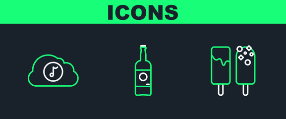 Poster - Set line Ice cream, Music streaming service and Beer bottle icon. Vector