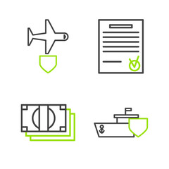 Poster - Set line Ship with shield, Stacks paper money cash, Confirmed document and check mark and Plane icon. Vector