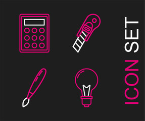 Poster - set line light bulb with concept of idea, paint brush, stationery knife and calculator icon. vector