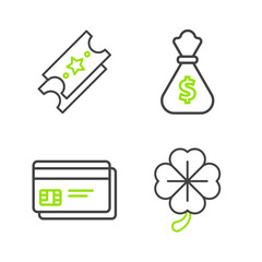 Poster - set line four leaf clover, credit card, money bag and lottery ticket icon. vector