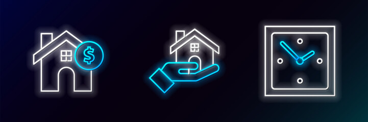 Poster - set line clock, house with dollar symbol and realtor icon. glowing neon. vector