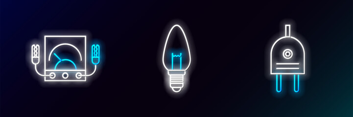 Poster - Set line Electric plug, Ampere meter, multimeter, voltmeter and Light bulb icon. Glowing neon. Vector