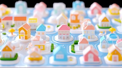 Poster - Vibrant tabletop city game showcasing modular buildings, symbolizing economic growth and strategic territory management, perfect for game enthusiasts and planners.