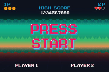 Leinwandbilder - PRESS START. INSERT A COIN TO CONTINUE. pixel art .8 bit game. retro game. for game assets. Retro Futurism Sci-Fi Background. glowing neon grid. and stars from vintage arcade computer games