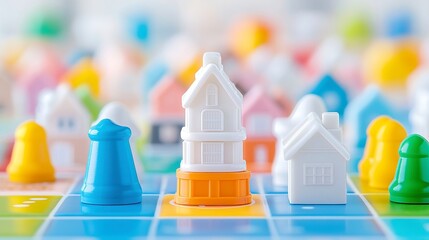 Poster - Colorful Cityscape Tower Game, an engaging board game where players stack towers, develop residential, commercial, and industrial zones on a vibrant city map.