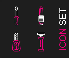 Poster - set line , car key with remote, spark plug and screwdriver icon. vector