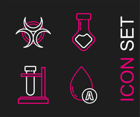 Poster - Set line Water drop, Test tube flask on stand, chemical and Biohazard symbol icon. Vector