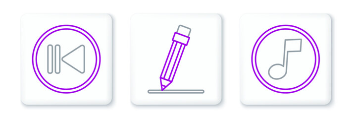 Fototapete - Set line Music note, tone, Rewind and Pencil with eraser icon. Vector