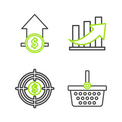 Poster - set line shopping basket, target with dollar, financial growth and coin and icon. vector