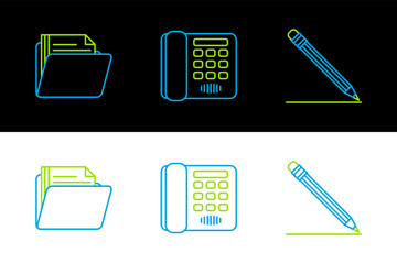 Poster - set line pencil with eraser and line, document folder and telephone icon. vector