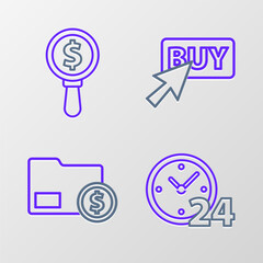 Poster - set line clock 24 hours, envelope with coin dollar, buy button and magnifying glass and icon. vector