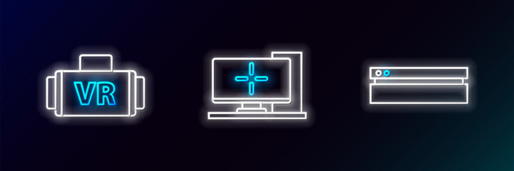 Poster - Set line Video game console, Virtual reality glasses and Computer monitor icon. Glowing neon. Vector