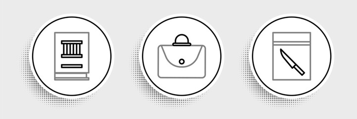Poster - Set line Evidence bag and knife, Law book and Briefcase icon. Vector
