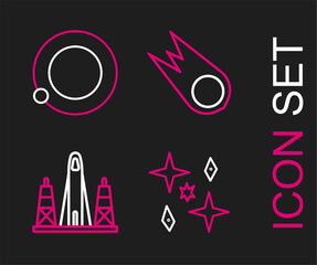 Poster - Set line Planet, Rocket launch from the spaceport, Comet falling down fast and Satellites orbiting planet Earth icon. Vector